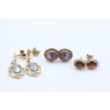 3 x 9ct gold paired gemstone earrings inc. topaz, garnet & amethyst (3.8g)