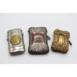 3 x Antique / Vintage TOBACCIANA Vesta / Match Cases Inc Silver Plate, Enamel In antique / vintage