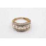 9ct gold pearl & diamond triple row dress ring (2.8g) Size K