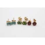 3 x 9ct gold paired gemstone stud earrings inc. garnet, apatite & diopside (1.9g)