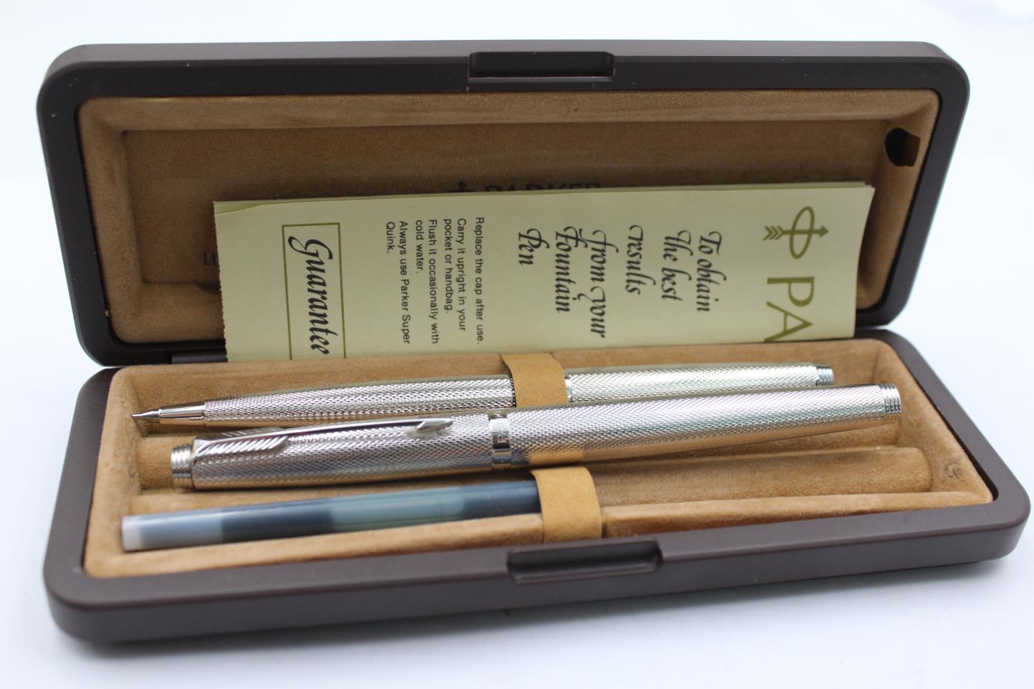 Vintage PARKER 75 Silver Plated FOUNTAIN PEN w/ 14ct Gold Nin. Pencil, Box Vintage PARKER 75