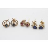 3 x 9ct gold paired gemstone set stud earrings inc. sapphire, ruby & diamond (2.7g)