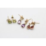 3 x 9ct gold paired gemstone drop earrings inc. garnet, amethyst & peridot (2.7g)