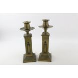 2 x Antique Neoclassical / Gothic Revival Victorian BRASS CANDELSTICKS Inscriptions on base