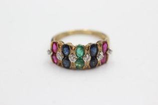 9ct gold emerald, sapphire, ruby & diamond dress ring (3.1g) Size M