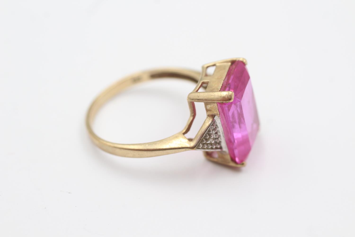 9ct gold vintage pink gemstone & diamond cocktail ring (4g) Size Q - Image 4 of 4