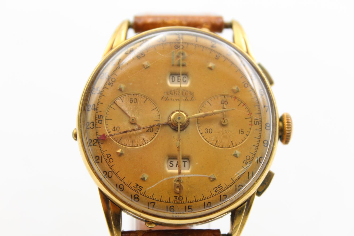 Vintage Gents ANGELUS Chronodate 18ct Gold Cased WRISTWATCH HANDWIND WORKING 54g Vintage Gents - Image 2 of 8