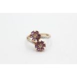 9ct gold amethyst & diamond floral ring (2.6g) Size N