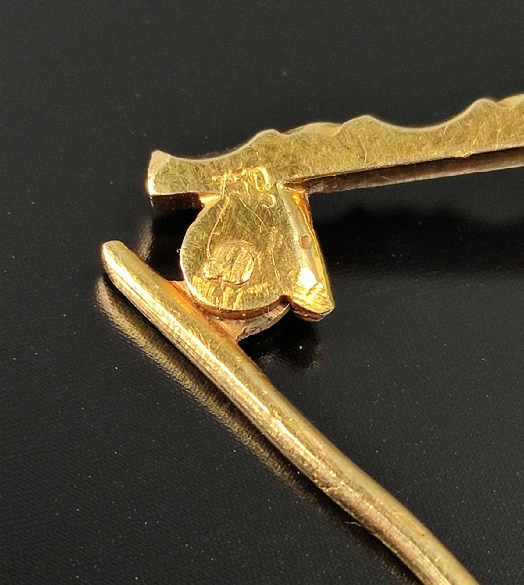 Antike Brosche in Violinen-Form, 750/18K Gelbgold mit Halbperlen, um 1925, Gewicht 12,66g, Maße ca. - Bild 2 aus 2