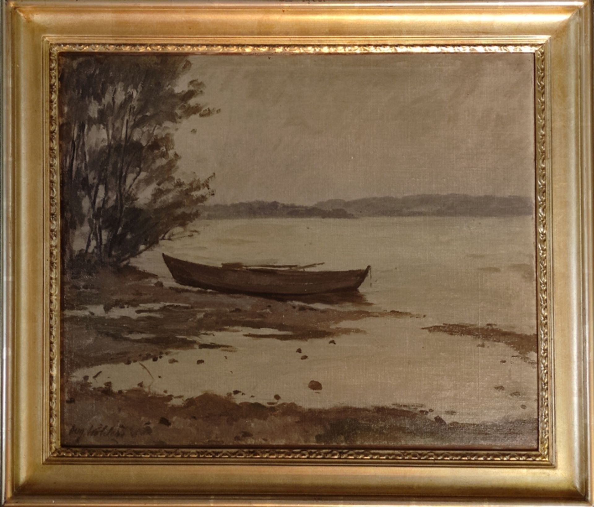 Köhler, August (1881 - 1964 Stuttgart) "Lake Constance shore with rowing boat", oil on canvas mount - Image 2 of 4