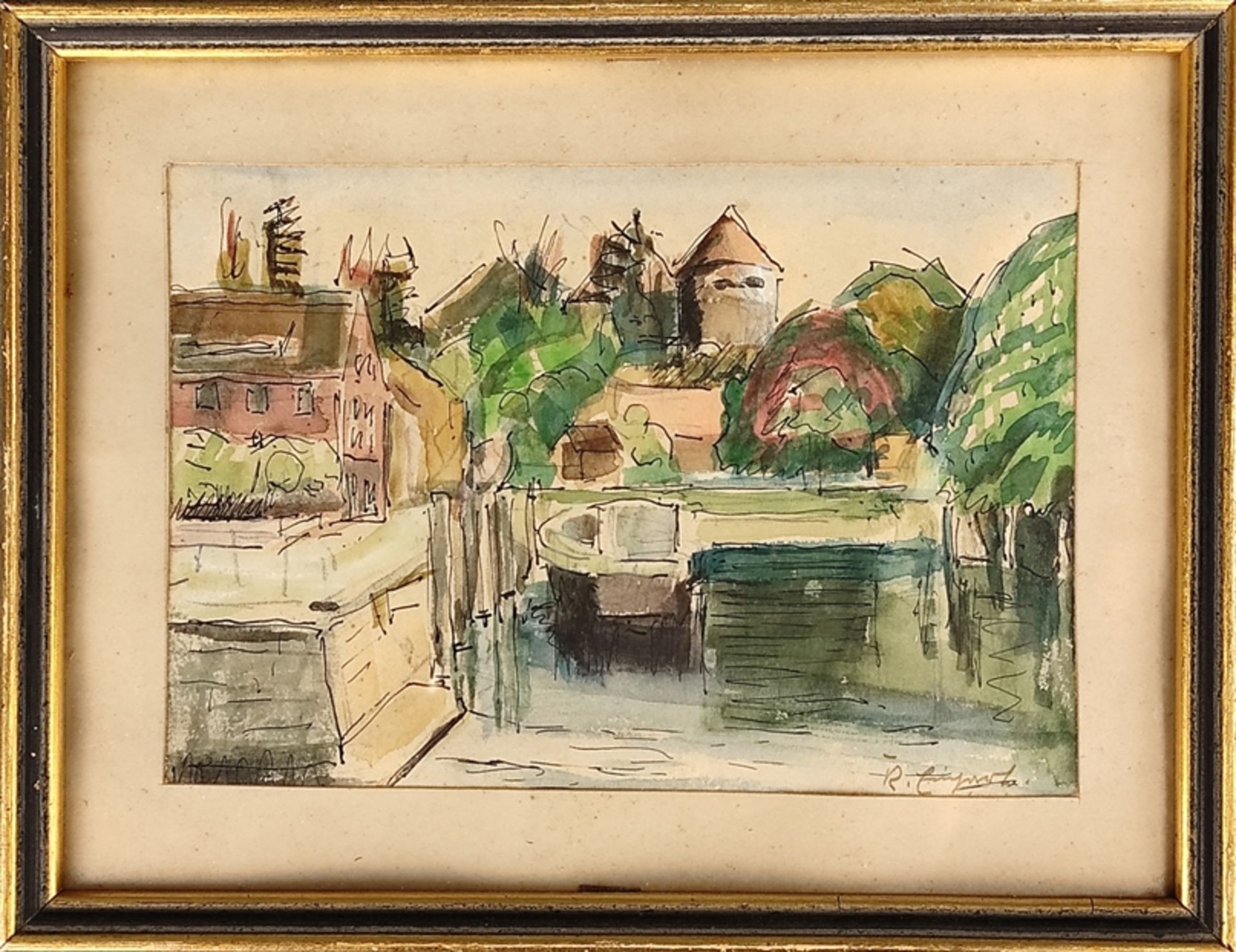 Einhart, Karl (1884-1967 Constance) "Small harbor in Überlingen", watercolor drawing on paper, sign - Image 2 of 4