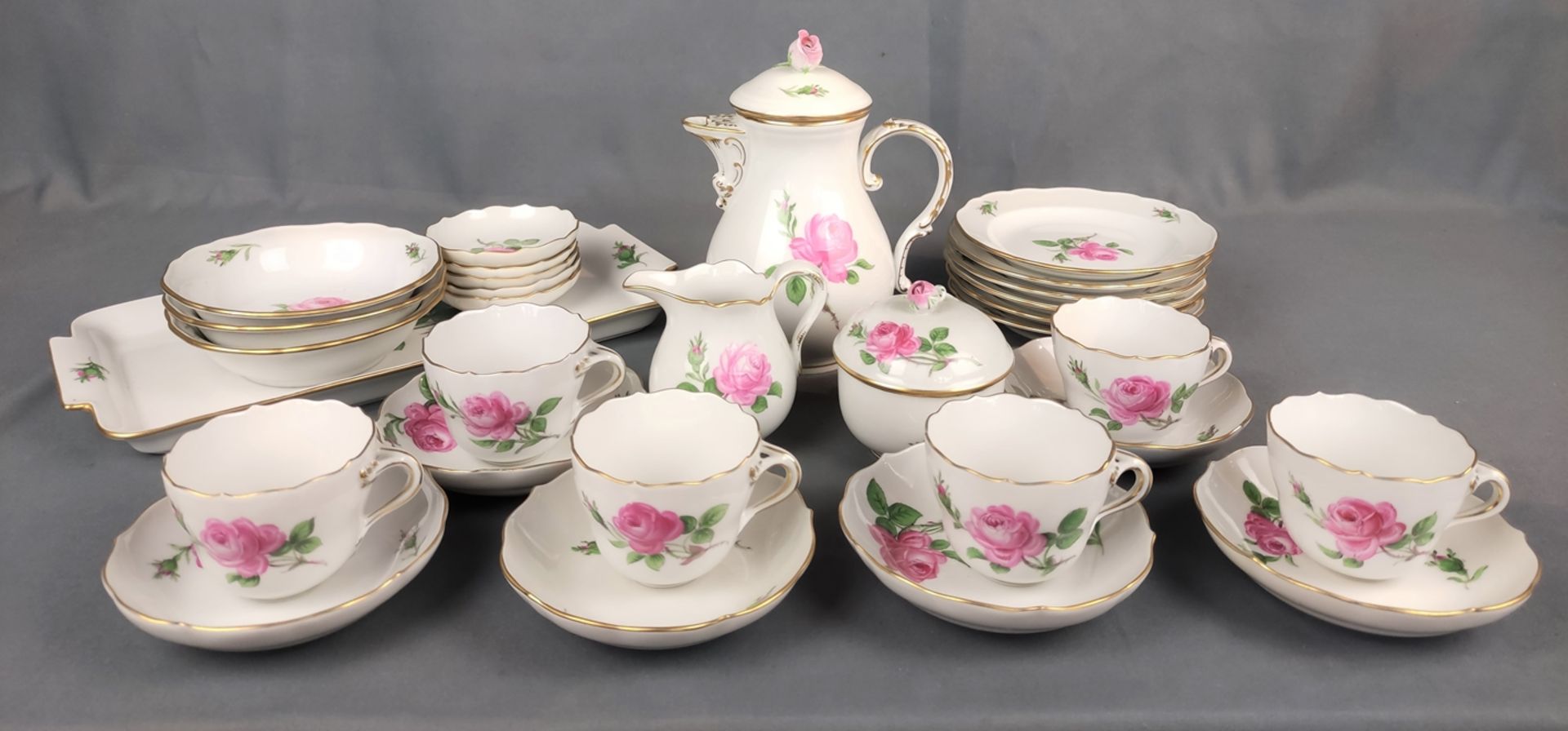 Mocha service for 6 persons, 30 pieces, decor "Red Rose", form New Cutout, sword mark Meissen, 6 cu