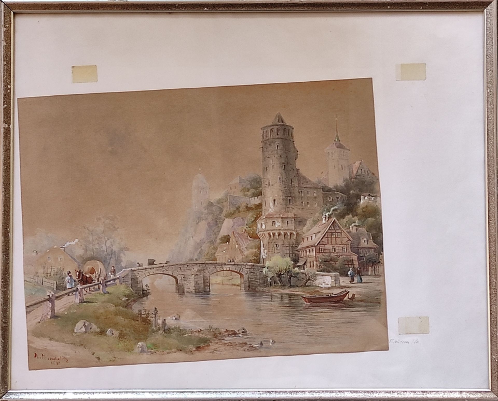 Watercolorist (19th century) "Bautzen", view of the castle and bridge, watercolor on paper, signed  - Image 2 of 5