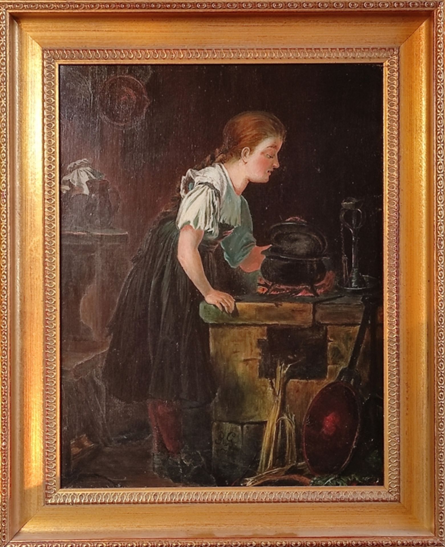 Monogramist (19th century) "At the stove", young woman looking into a pot, oil on canvas, monogramm - Image 2 of 4