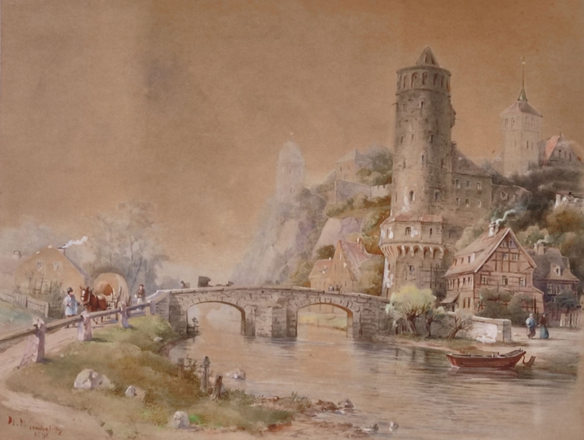 Watercolorist (19th century) "Bautzen", view of the castle and bridge, watercolor on paper, signed 