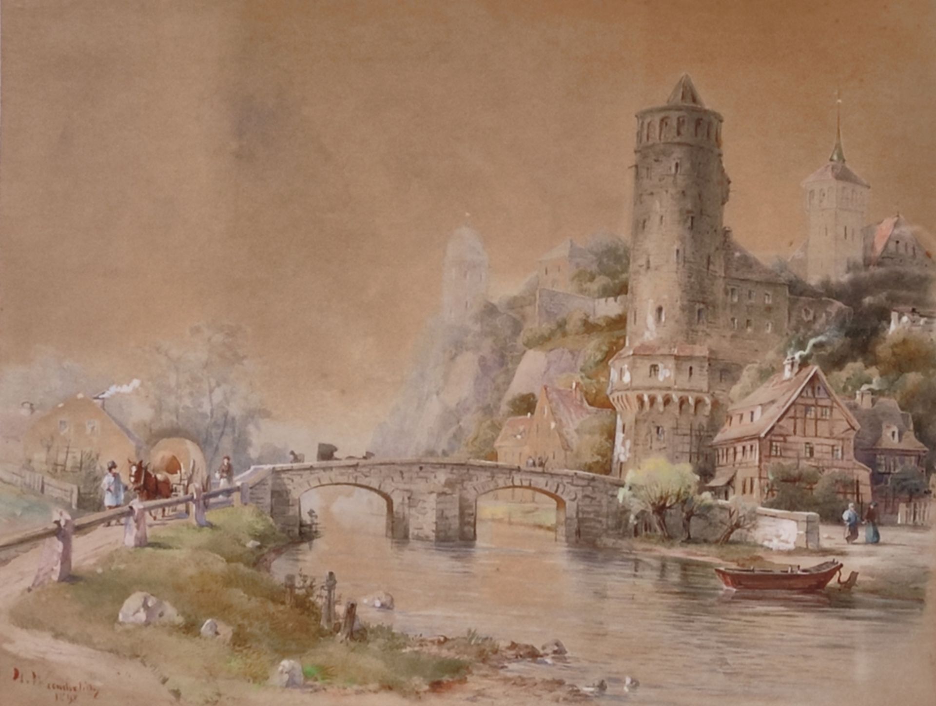 Aquarellist (19. Jahrhundert) "Bautzen", Blick auf die Burg und Brücke, Aquarell auf Papier, links 