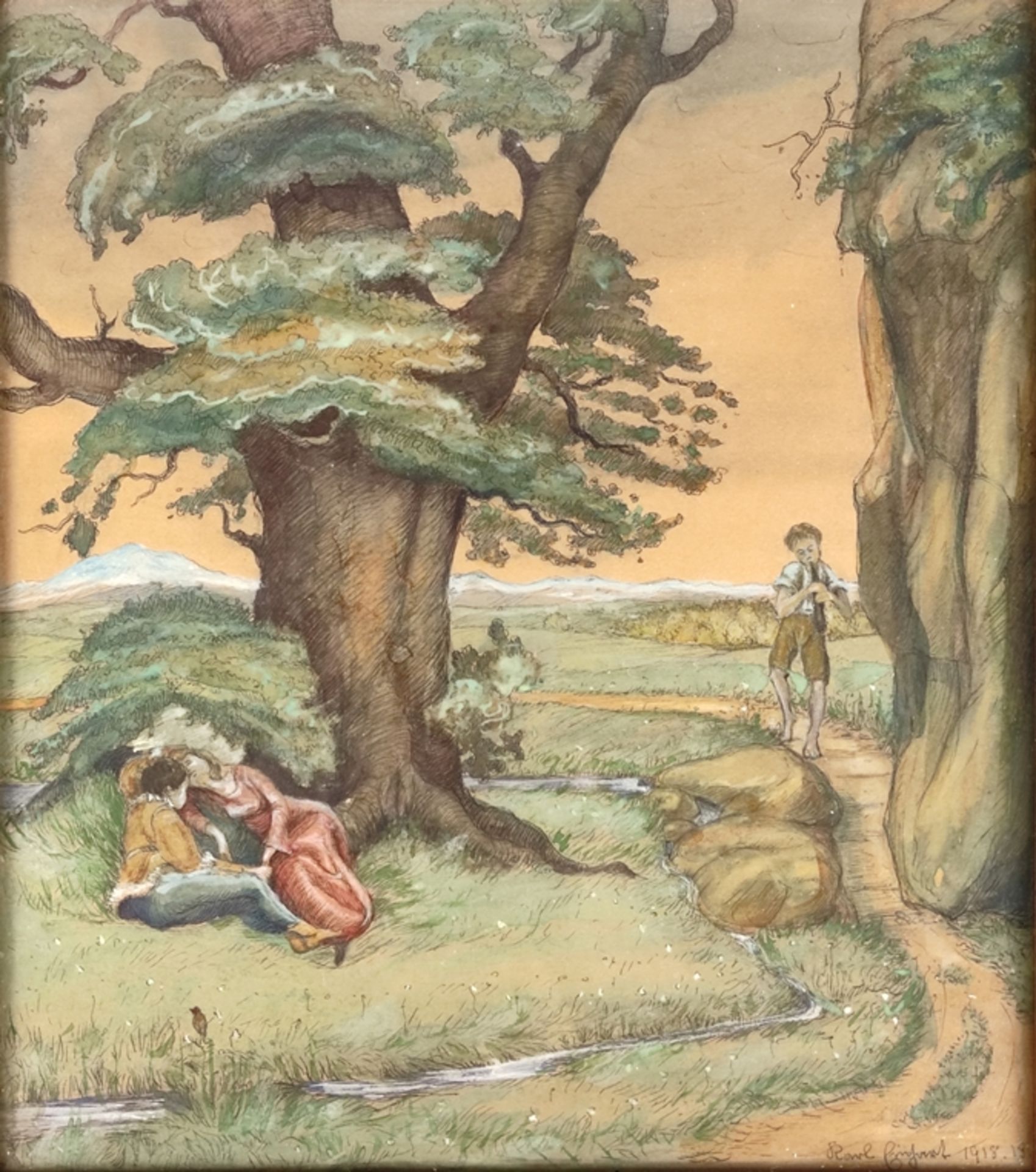 Einhart, Karl (1884-1967 Constance) "Flute player with lovers", lying under oak tree on meadow, wat