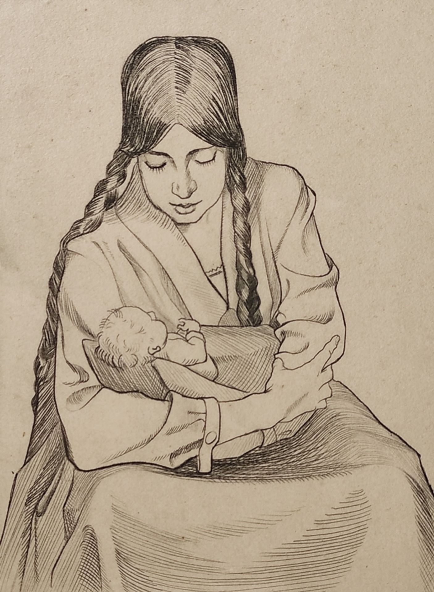 Weka, G. (20th century) "Young mother with child", etching, signed and dated (19)28 lower right, 17