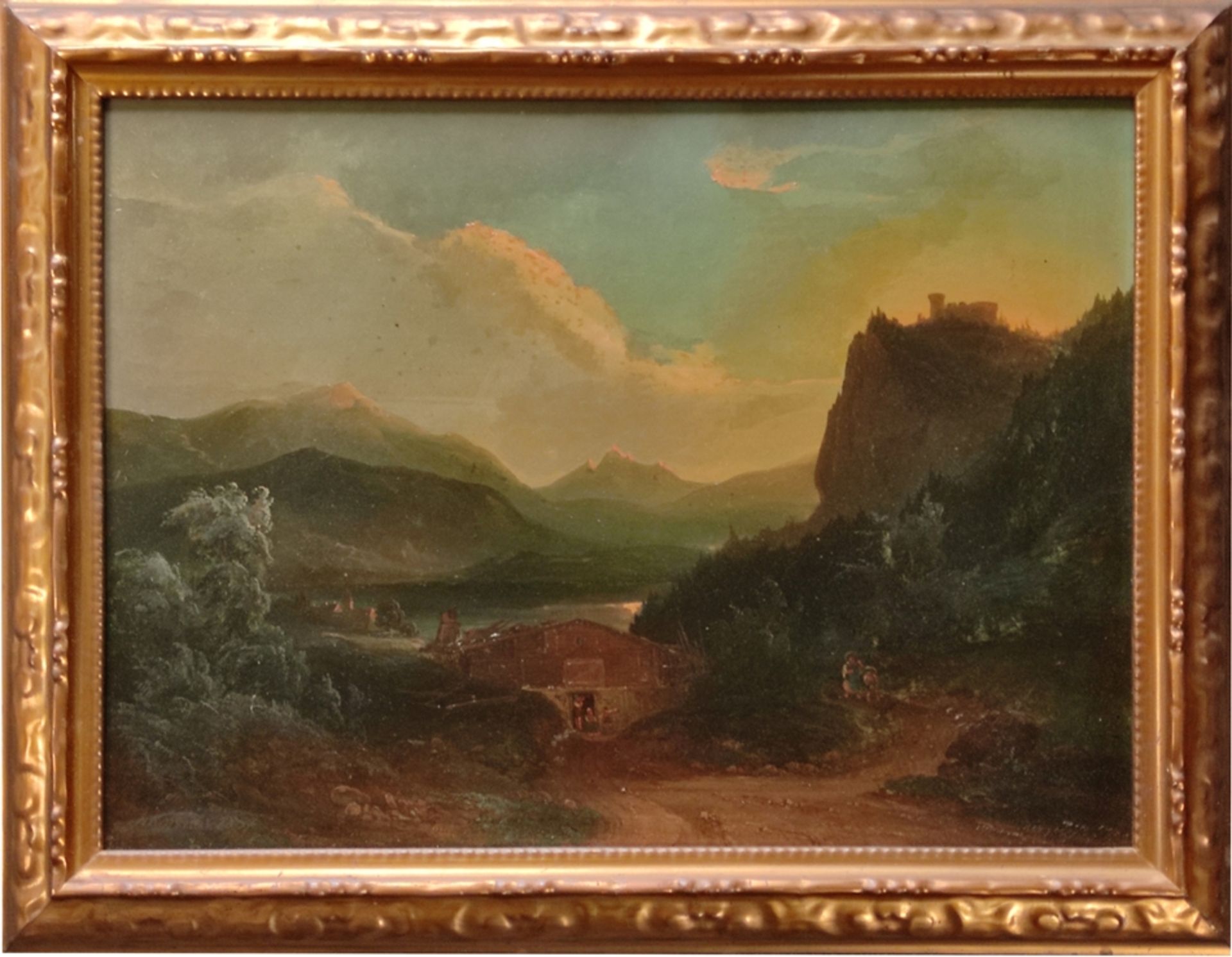 Landschaftsmaler (19. Jahrhundert) "Sonnenuntergang", mit Blick auf Gewässer, Holzhäuser, rechts Be - Bild 2 aus 4