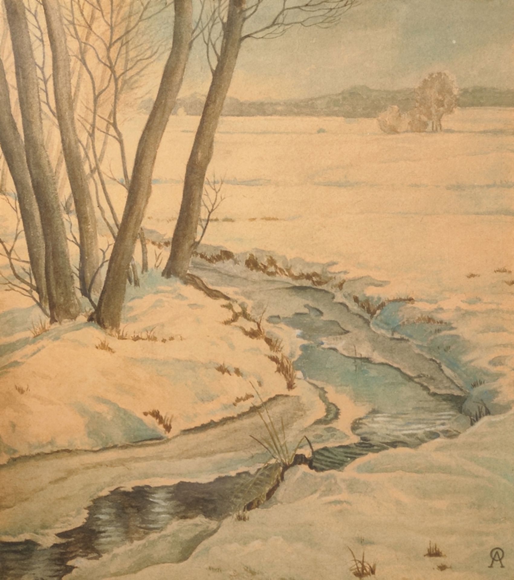 Monogramist OA (20th century) "Small stream in winter", watercolor on paper, monogrammed lower righ