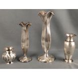 4 Vasen, zwei mit ausgestellten geschwungenen Rändern, Wilhelm Binder, Höhe 16cm und 21cm, Silber 8