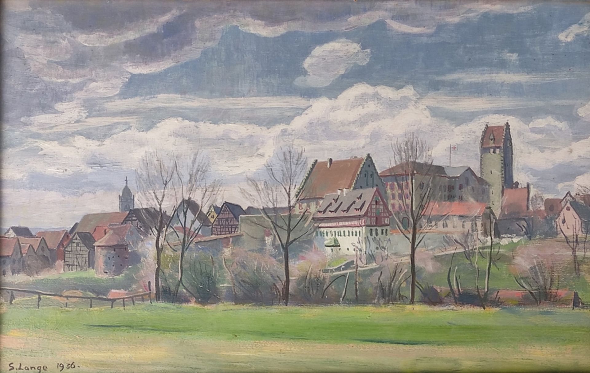 Lange, Sigurd (1904 Pfullendorf - 2000) "Pfullendorf", Öl auf Platte, links unten signiert und 1936