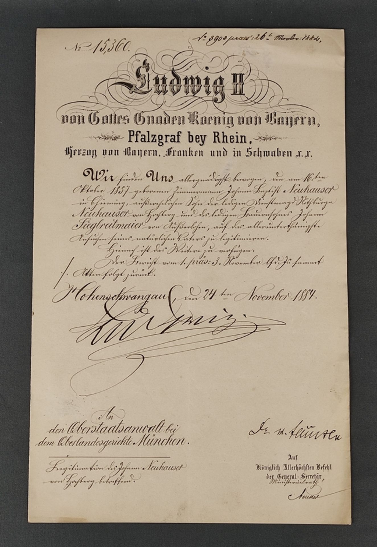 King Ludwig II of Bavaria, legitimation document for the carpenter Johann Baptist Neuhauser, dated 