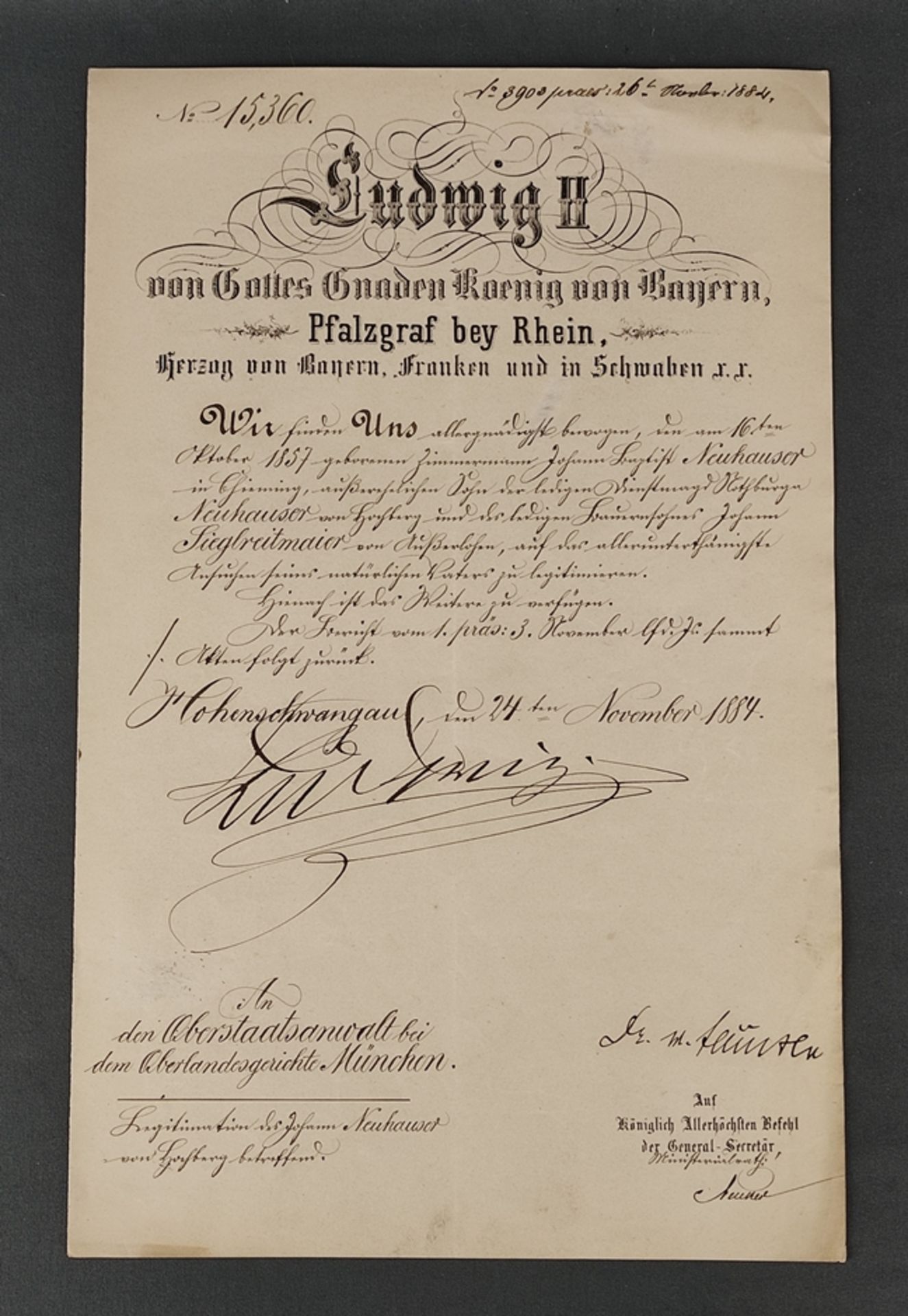 König Ludwig II. von Bayern, Legitimationsurkunde für den Zimmermann Johann Baptist Neuhauser, dati