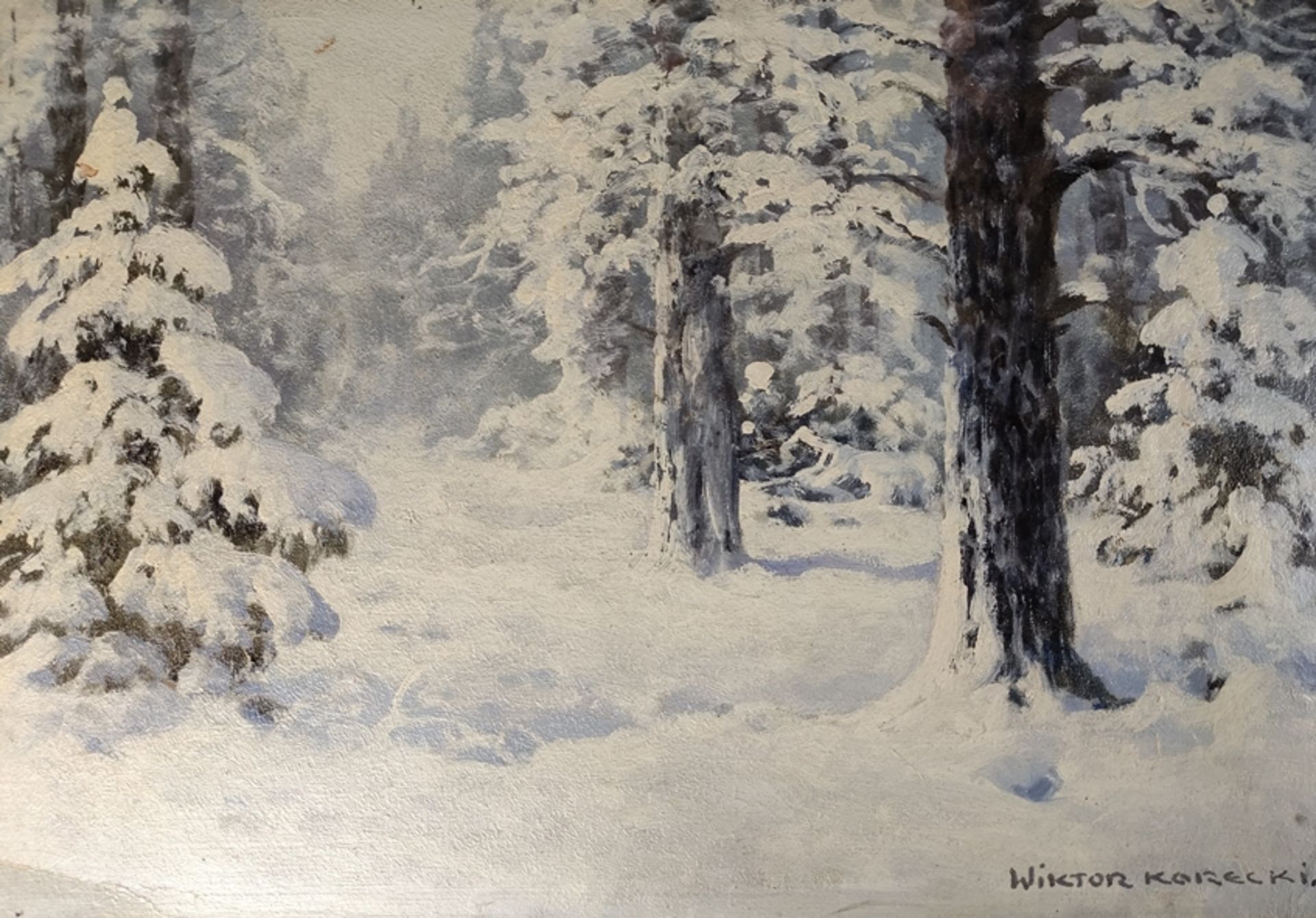 Korecki, Wiktor (1890 Kamieniec Podolski -1980 Komorow) "Winter Landscape", snowy winter forest, oi