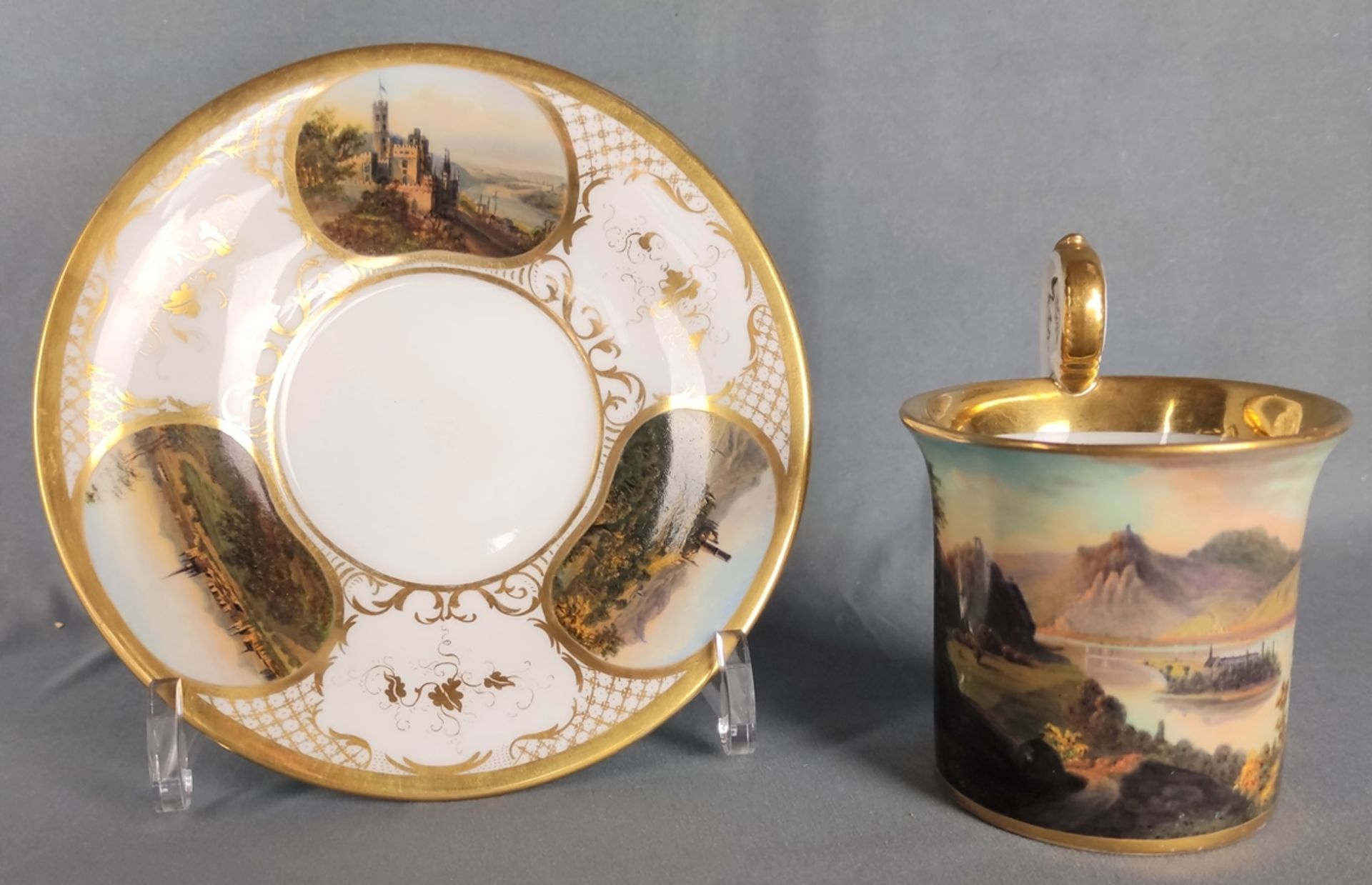 Cup with saucer, KPM Berlin, elaborately finely painted with various views of the Rhine and the sur - Image 2 of 3