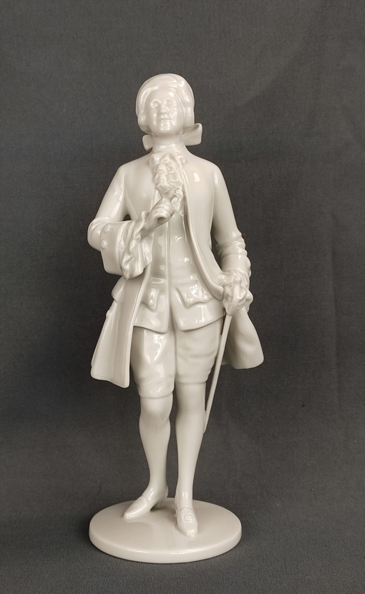 Cavalier, standing on disc stand with rose in hand, white porcelain, Augarten Vienna, embossed mark