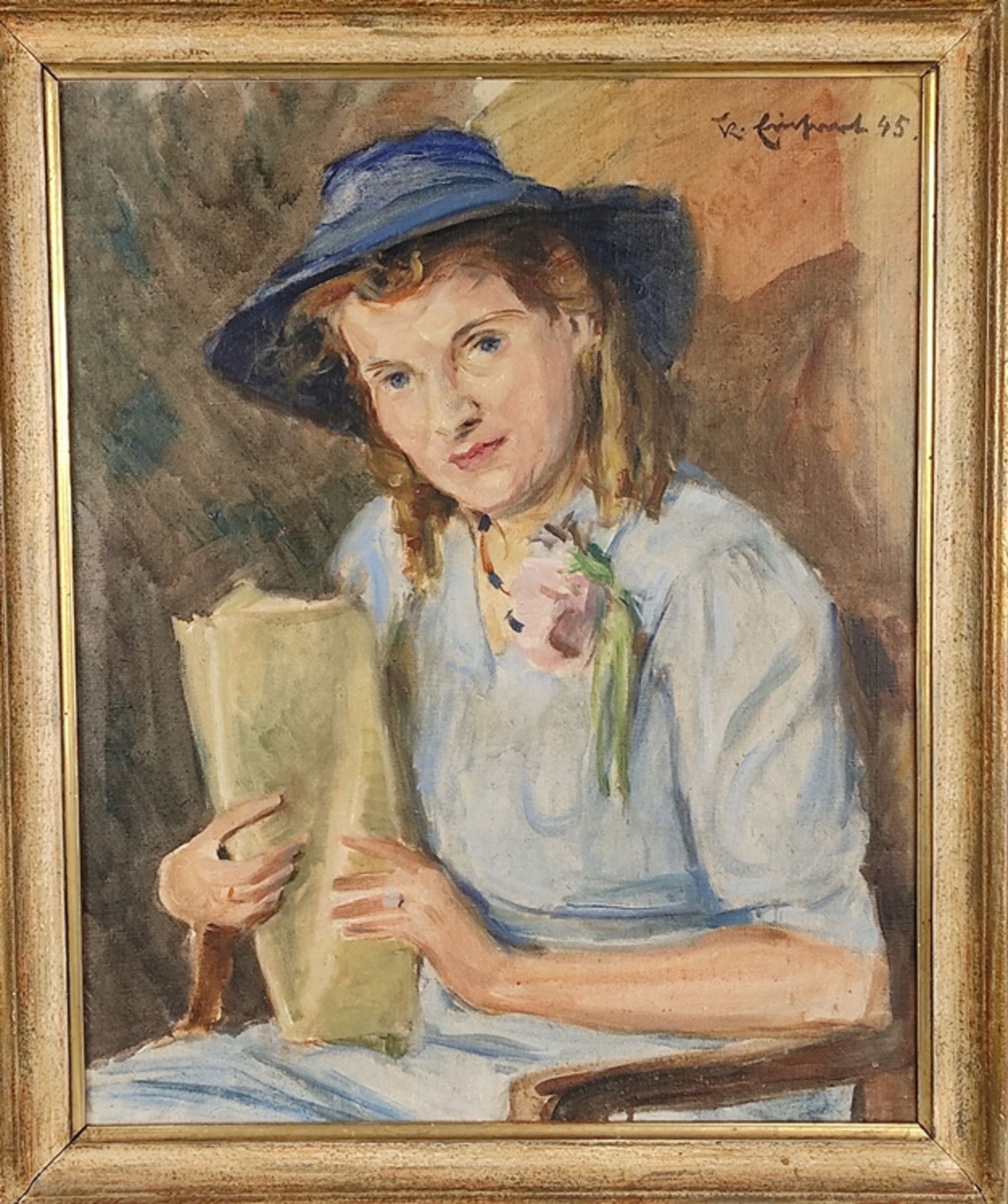 Einhart, Karl (1884-1967 Konstanz) "Porträt einer Dame" mit blauem Sommerhut und Kleid, an das eine - Bild 2 aus 4