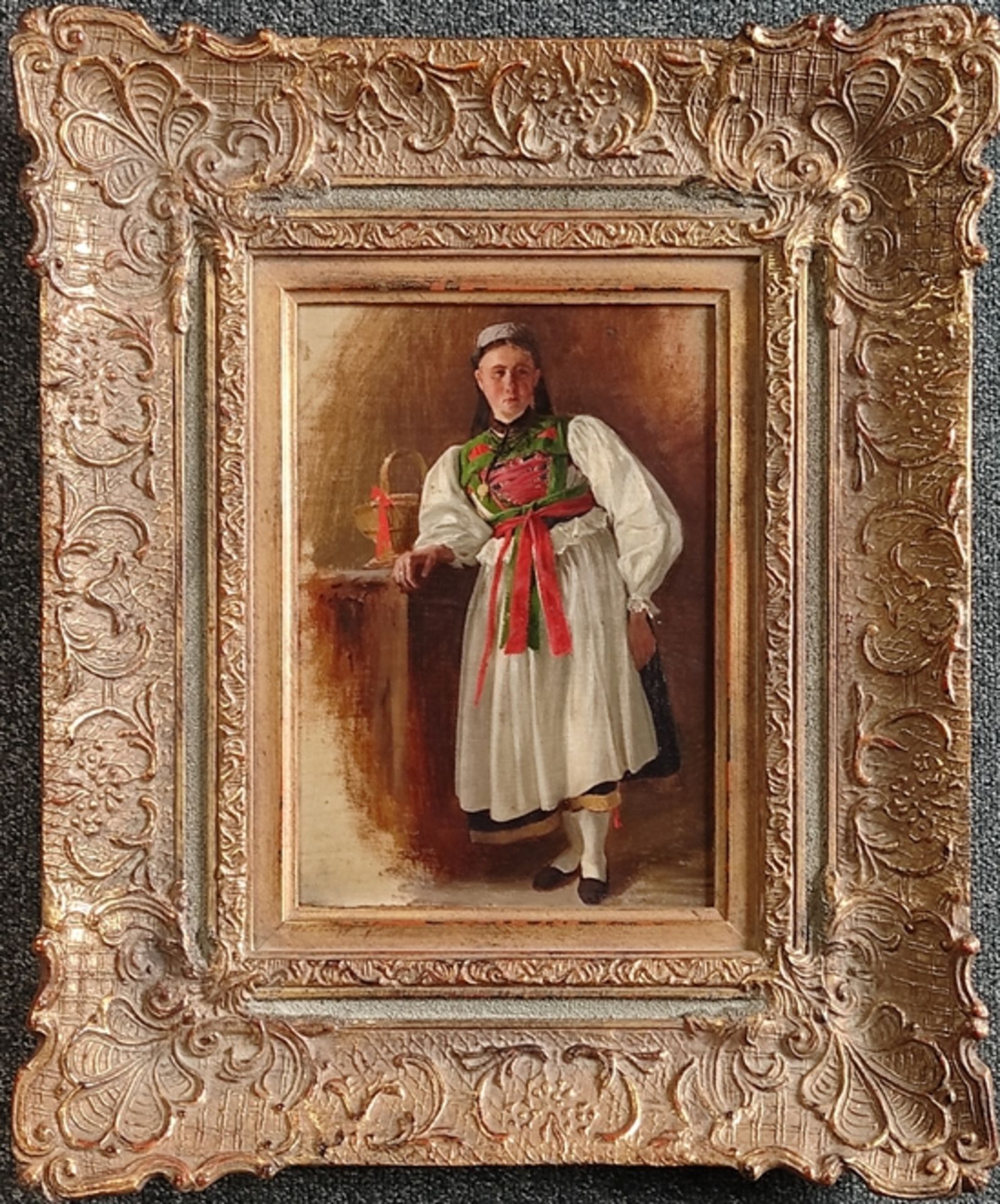 Kappis, Albert (1836 Wildberg - 1914 Stuttgart) "Woman in traditional costume", standing leaning ag - Image 2 of 3