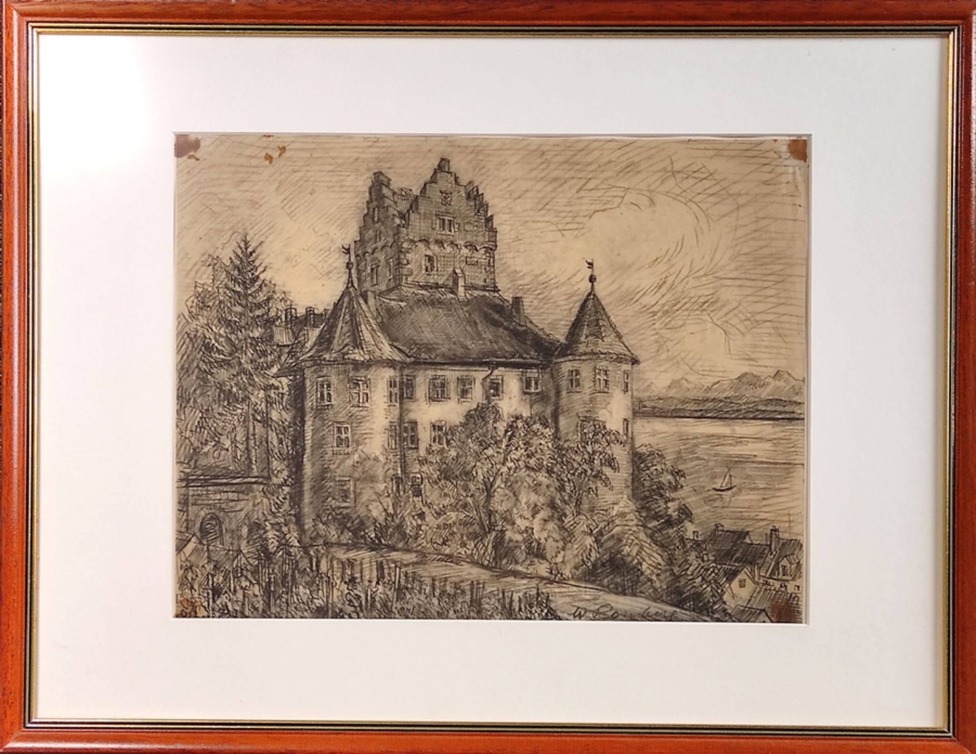 Romberg, Walter (1898 Ulm - 1973 Stuttgart) "Meersburg", Blick auf die Burg mit Bodensee und Bergpa - Bild 2 aus 3