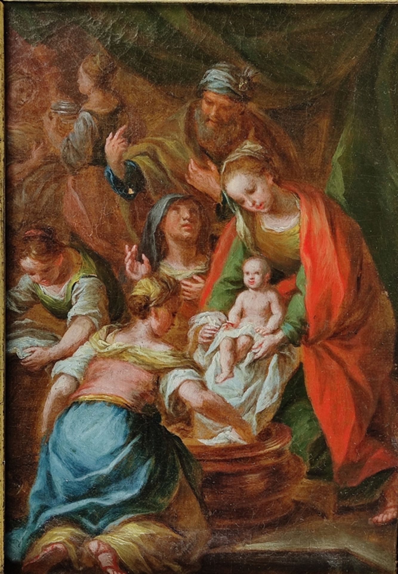 Baroque artist (18th century) "Washing of the infant Jesus", oil on canvas, southern Germany, proba