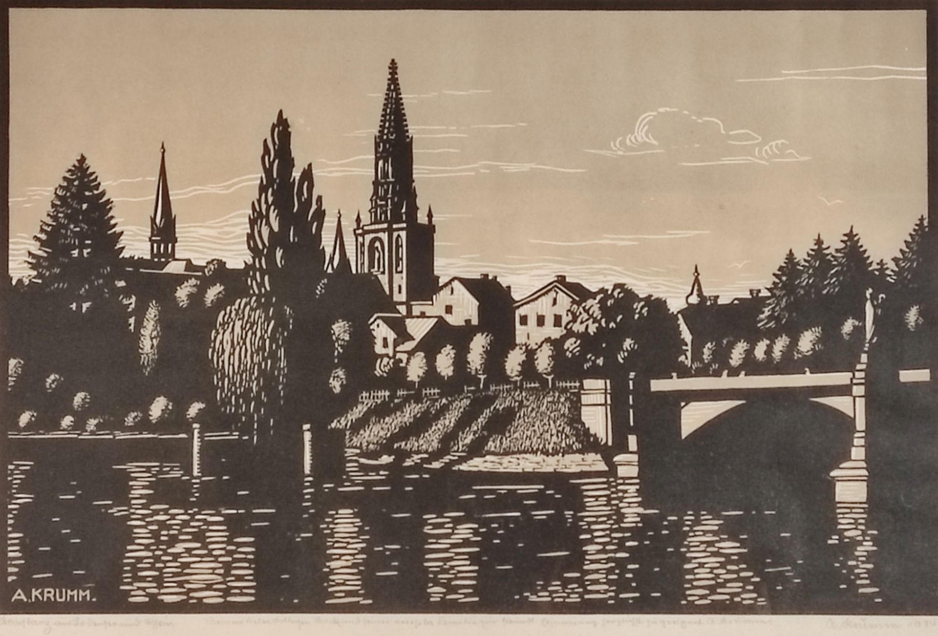 Krumm, A. (1st half 20th century) "View of Constance", with old bridge over the Rhine, dedication t