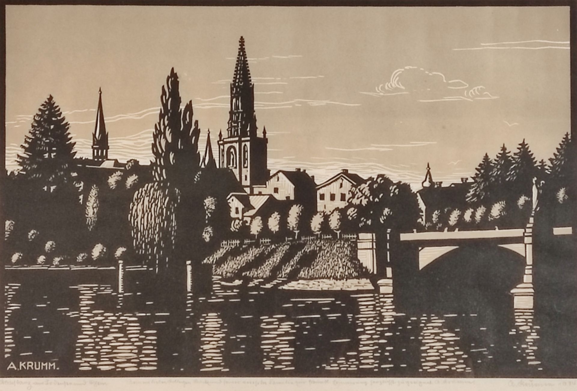 Krumm, A. (1. Hälfte 20. Jahrhundert) "Ansicht Konstanz", mit alter Rheintorbrücke, unten Widmungst