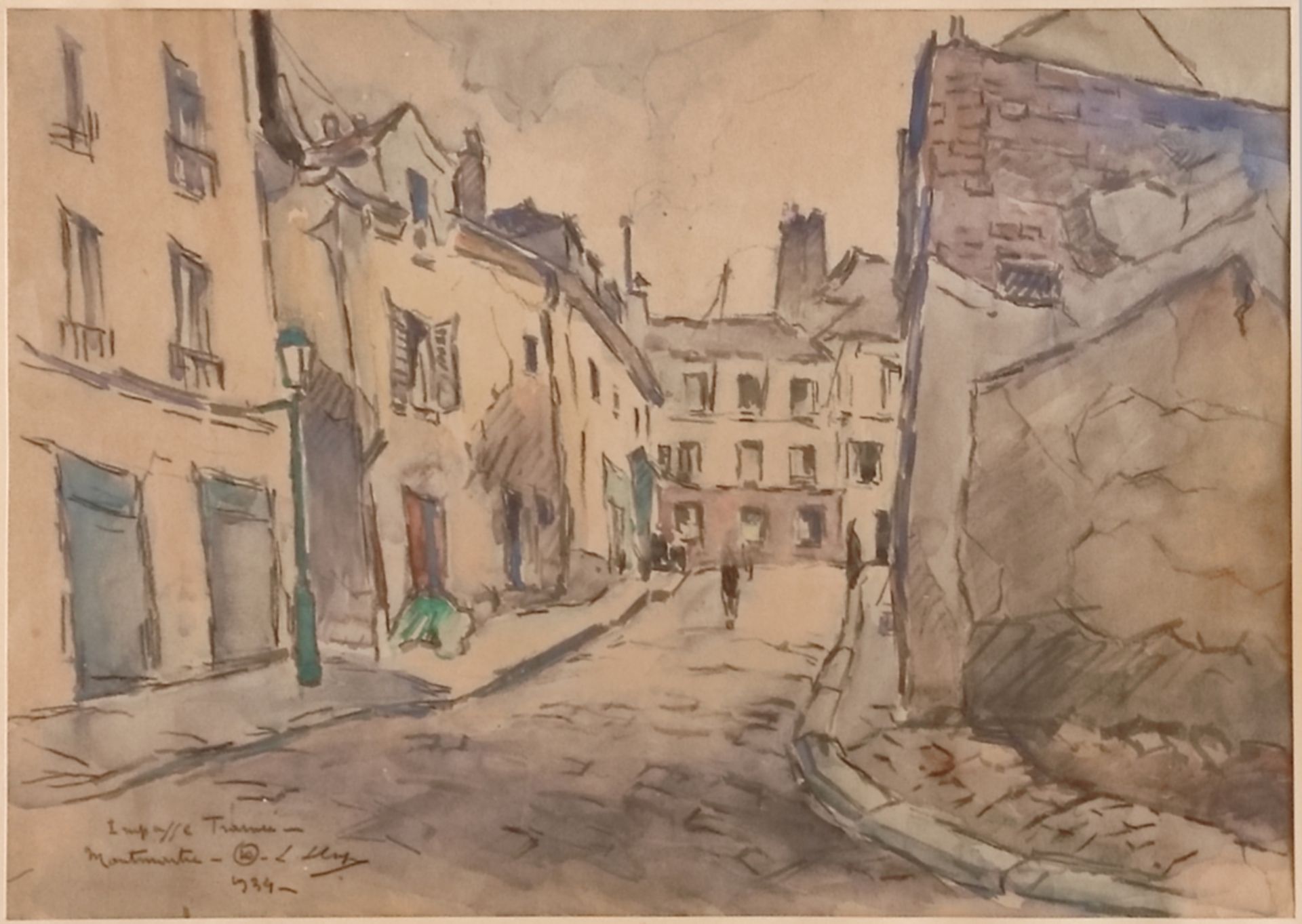 Vedutenmaler (20. Jahrhundert) "Impasse Trainée, Montmartre" stimmungsvolle Straßenszene, Aquarell 