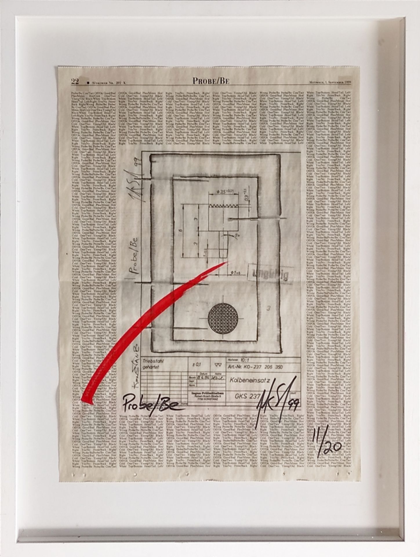 Sal, Jack (1954) "Probe/Be", Probedruck des Südkuriers Nr. 201, Mischtechnik auf Zeitung, Edition 1 - Bild 2 aus 4