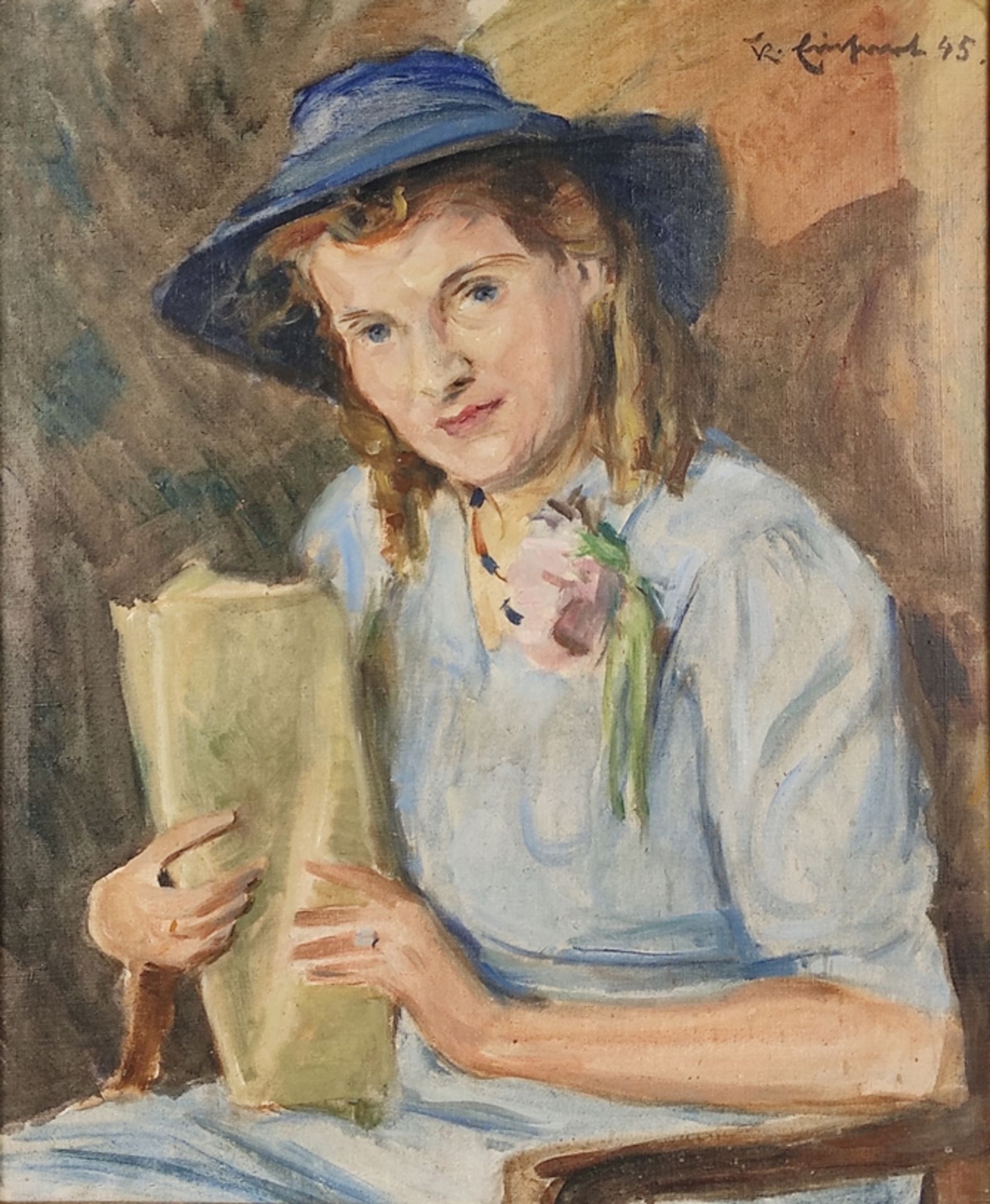 Einhart, Karl (1884-1967 Konstanz) "Porträt einer Dame" mit blauem Sommerhut und Kleid, an das eine