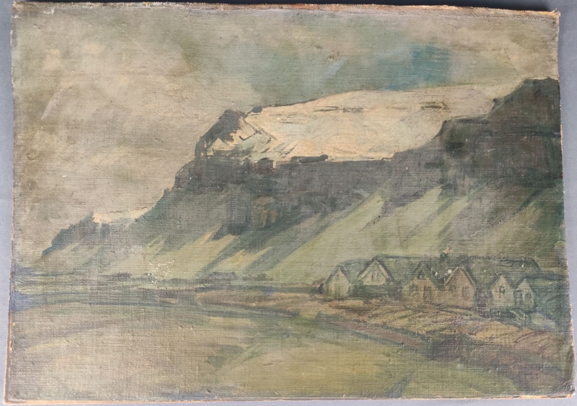 Einarsson, Gudmundur (1895 Middal - 1963 Reykjavík) "Isländisches Dorf vor Bergpanorama", Öl auf Ma