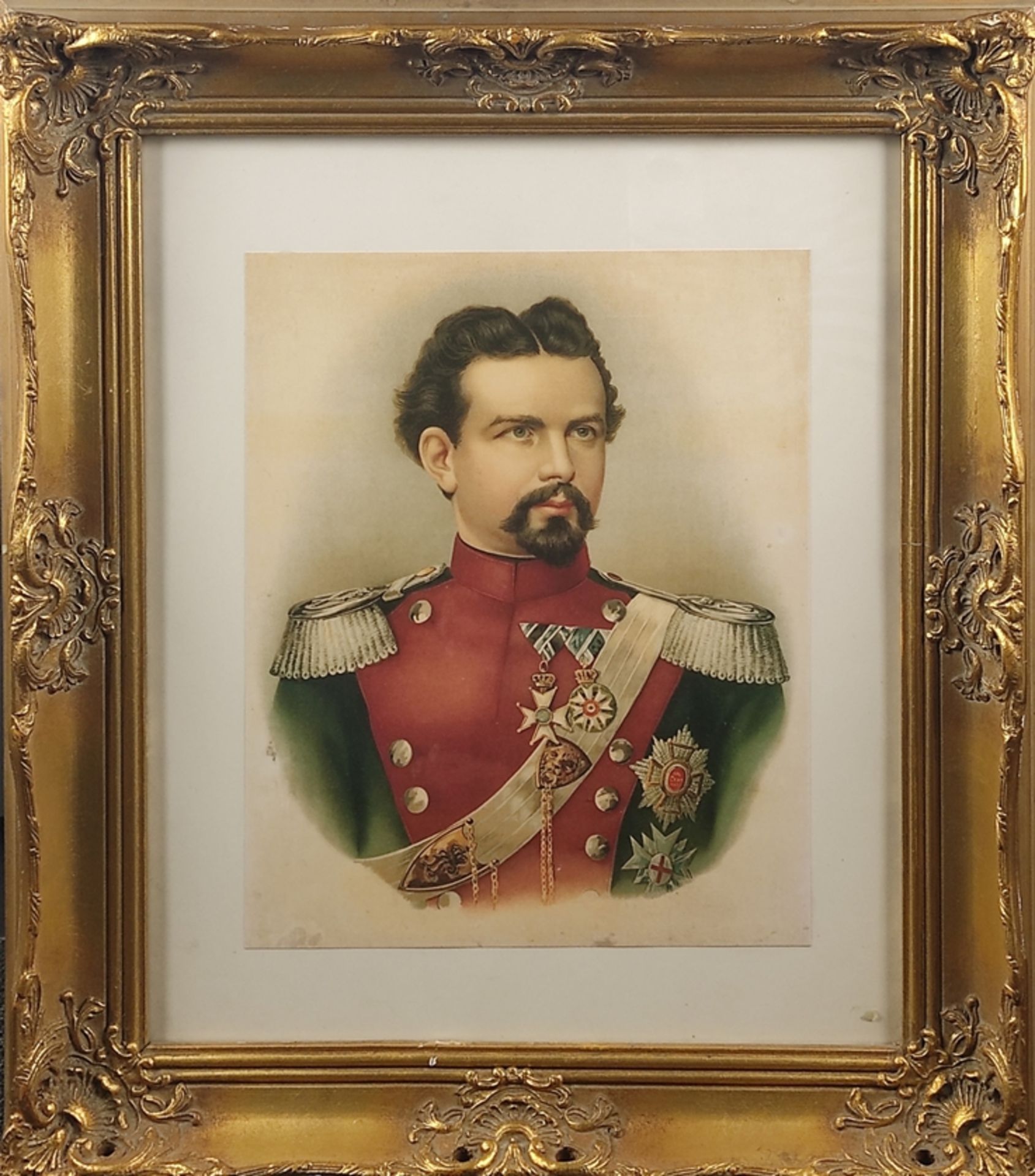 Kunstdruck, "Ludwig II.", Porträt des Märchenkönigs, Druck in prunkvollem Rahmen, 40x28 cm (Blatt), - Bild 2 aus 2