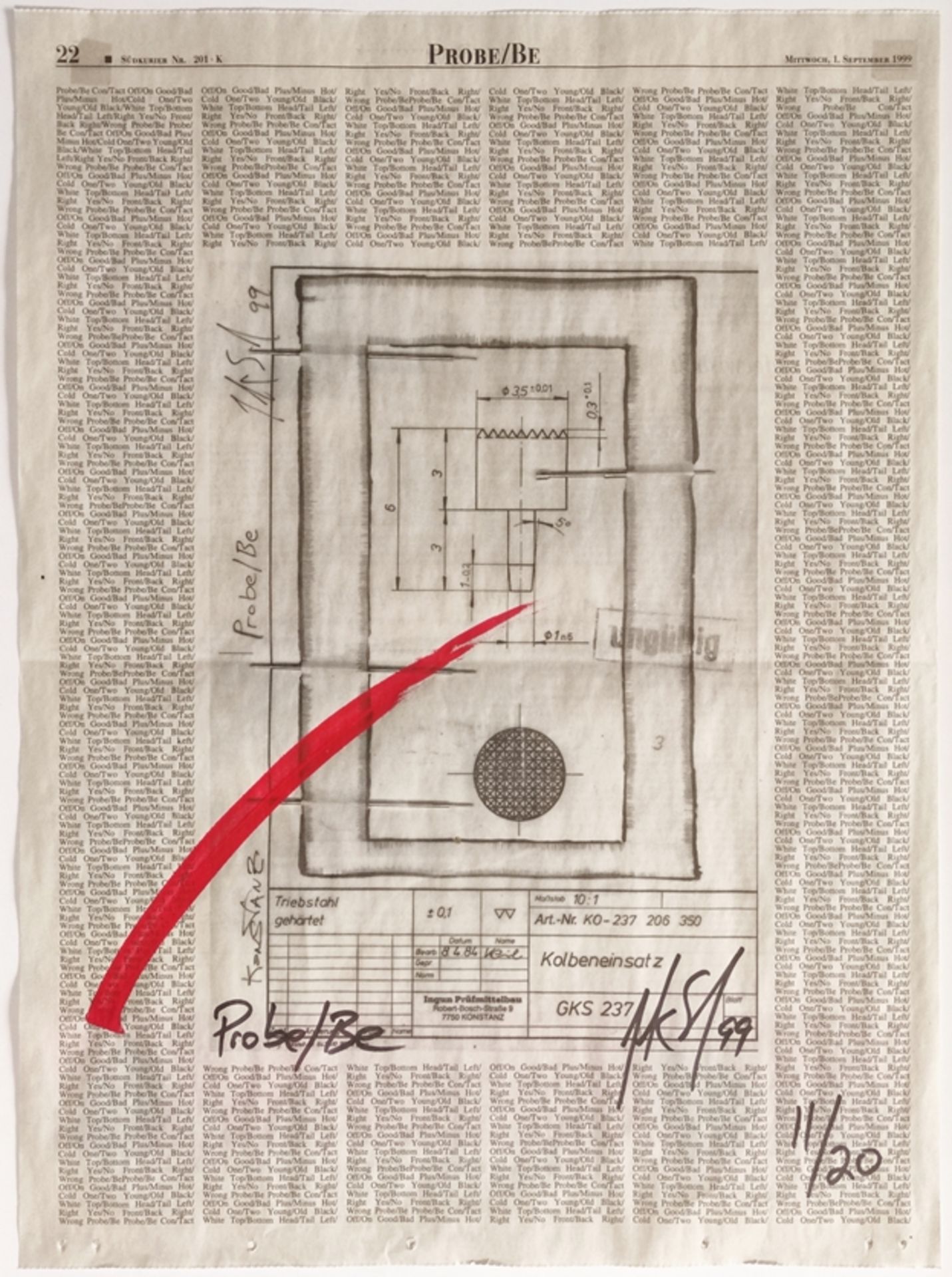 Sal, Jack (1954) "Probe/Be", Probedruck des Südkuriers Nr. 201, Mischtechnik auf Zeitung, Edition 1