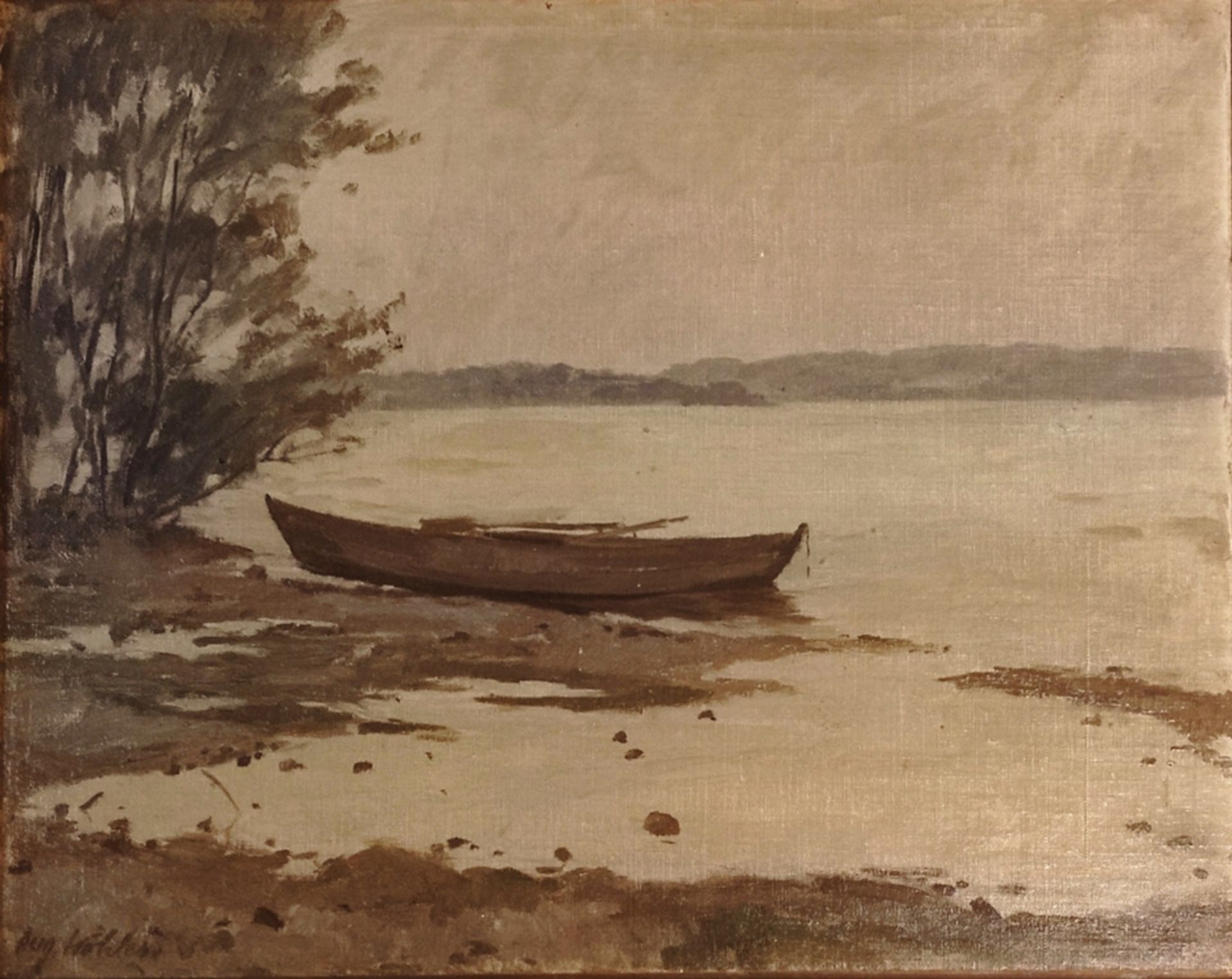 Köhler, August (1881 - 1964 Stuttgart) "Bodenseeufer mit Ruderboot", Öl auf Leinwand auf Platte auf