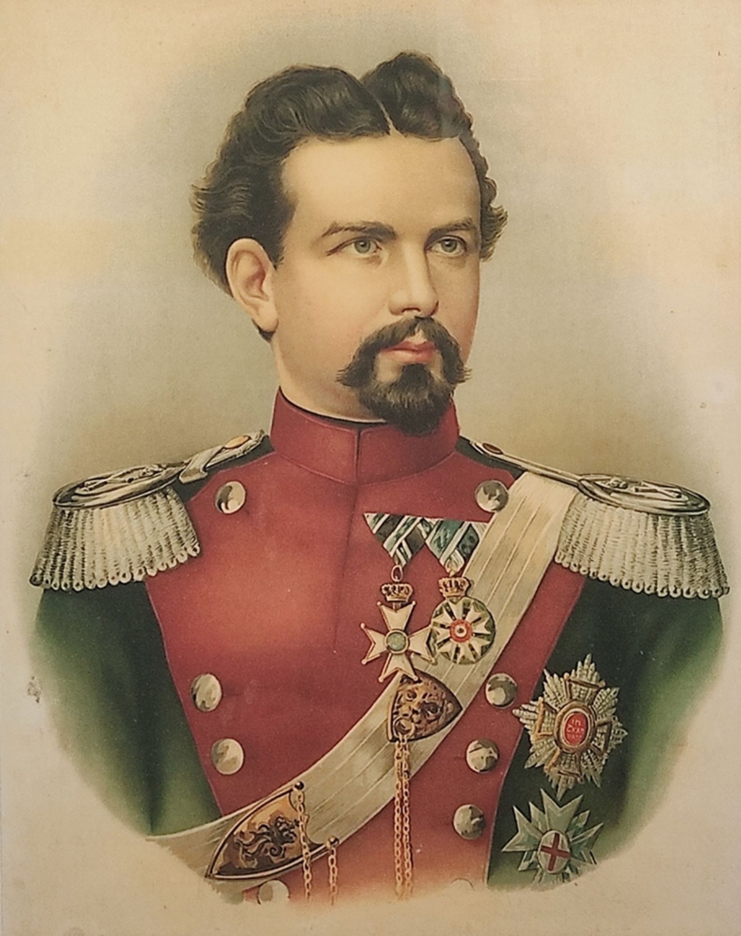 Kunstdruck, "Ludwig II.", Porträt des Märchenkönigs, Druck in prunkvollem Rahmen, 40x28 cm (Blatt),