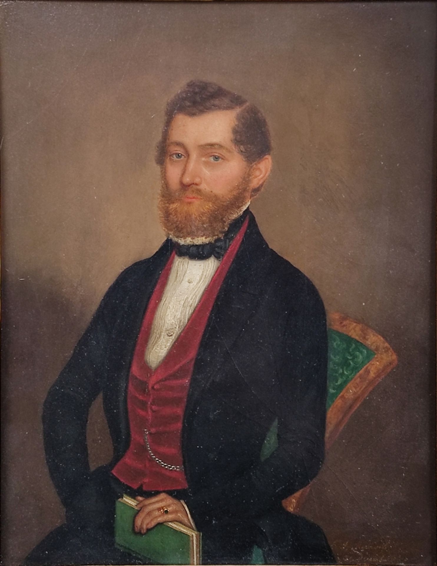 Rausch, S. (19th century, probably Austria) "Portrait of a gentleman", sitting, one hand resting on