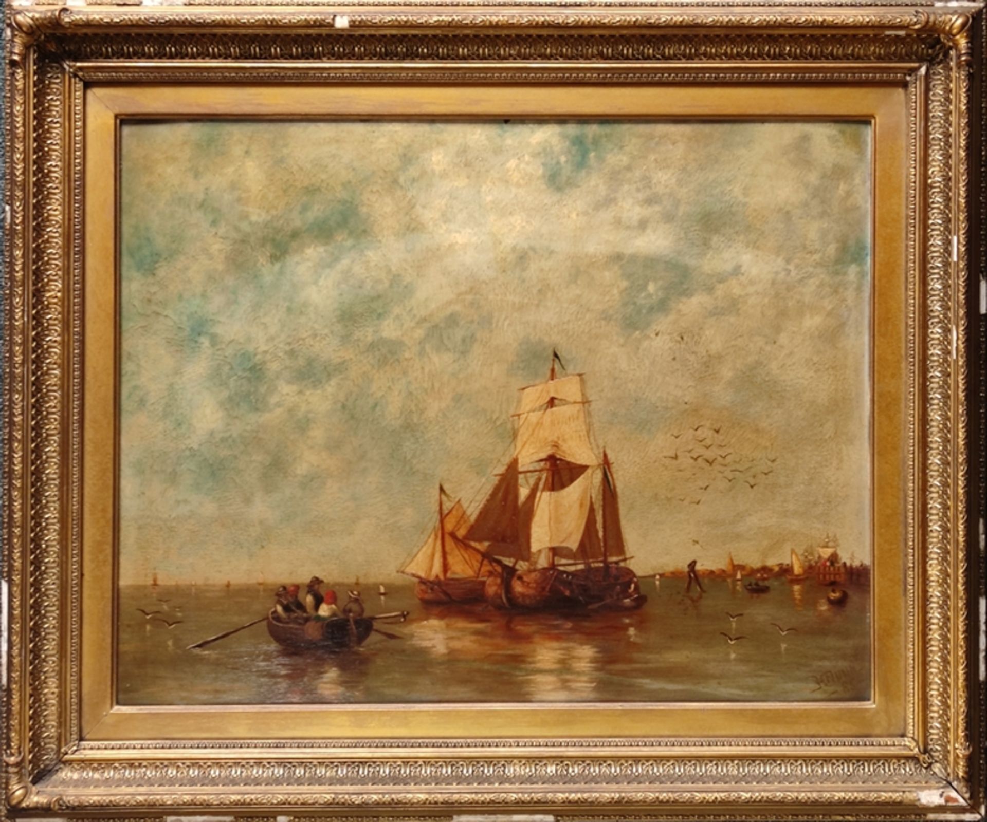 Nunn, H. (19th century) "Maritime Scene", with dinghies and moored sailboats, signed lower right "H - Image 2 of 4