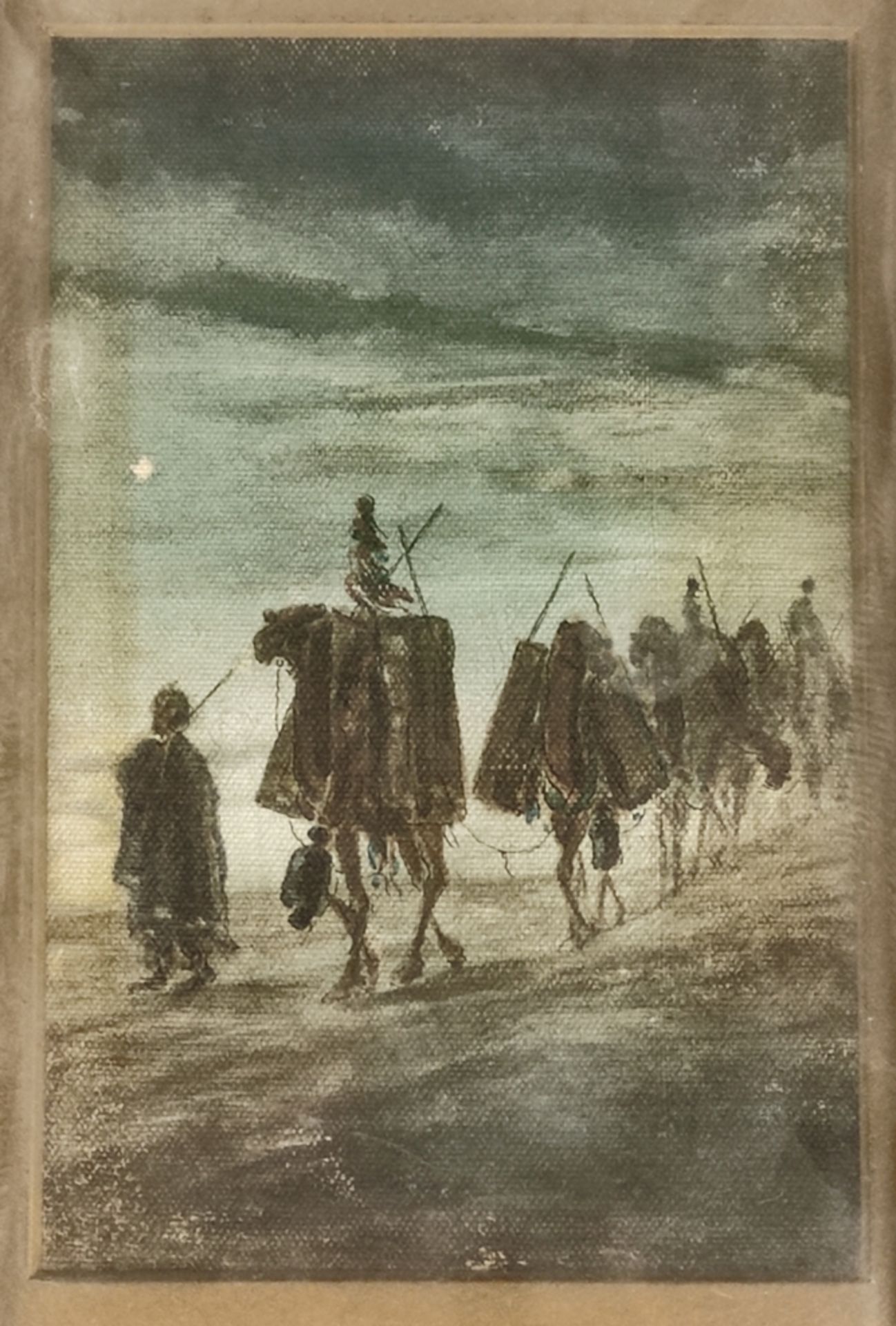 Orientalist (19th century) "Caravan by night", oil on canvas, 20x13 cm, mount, 38,5x29 cm with beau