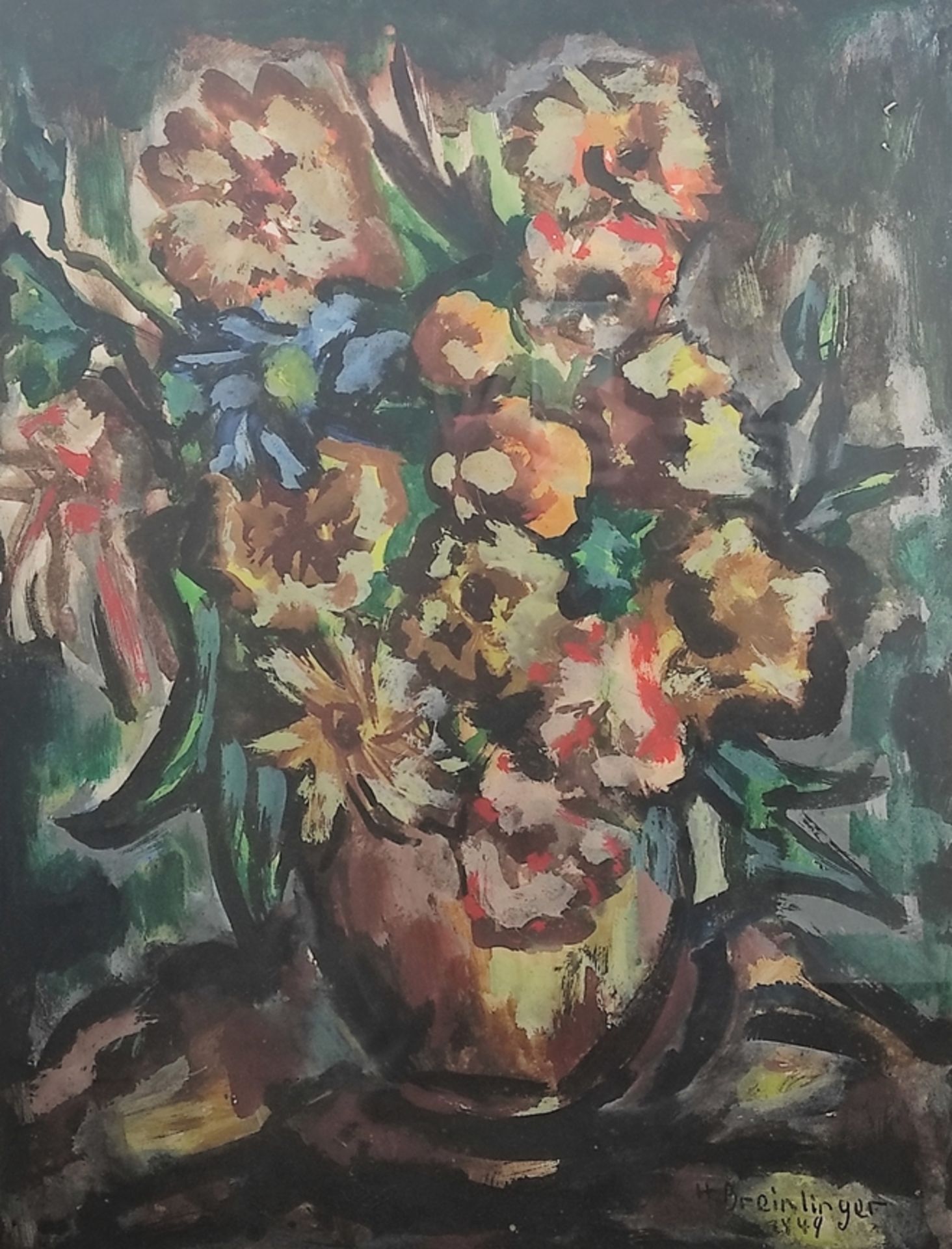 Breinlinger, Hans (1888 - 1963 Constance) "Flower Still Life", spring-like bouquet in strong colors