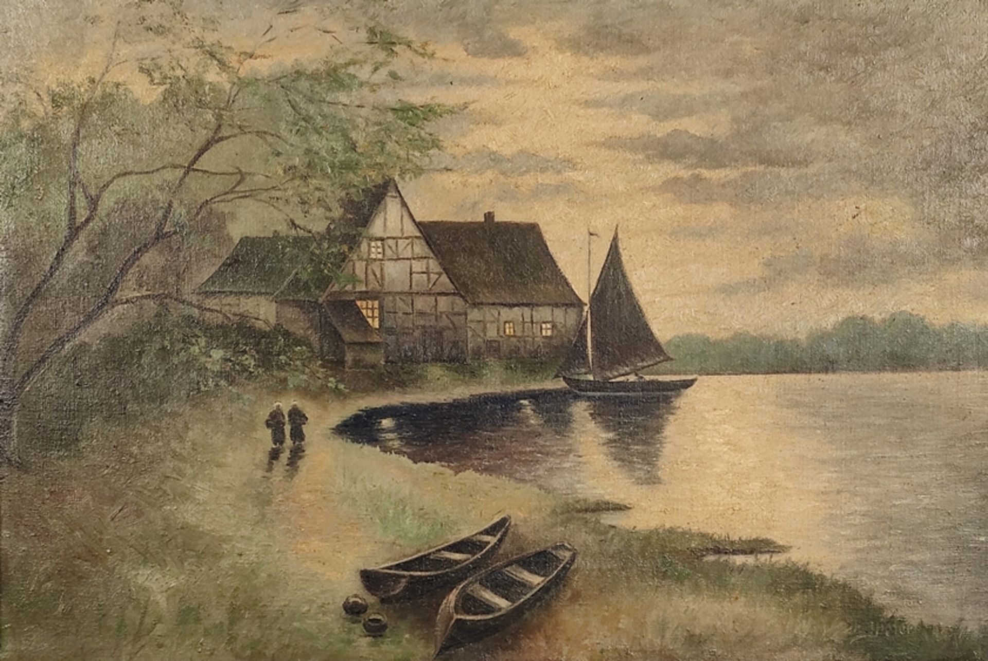 Dieter, H. (20. Jahrhundert) "Bauernhaus am See", mit zwei Ruderbooten, Öl auf Leinwand, rechts unt